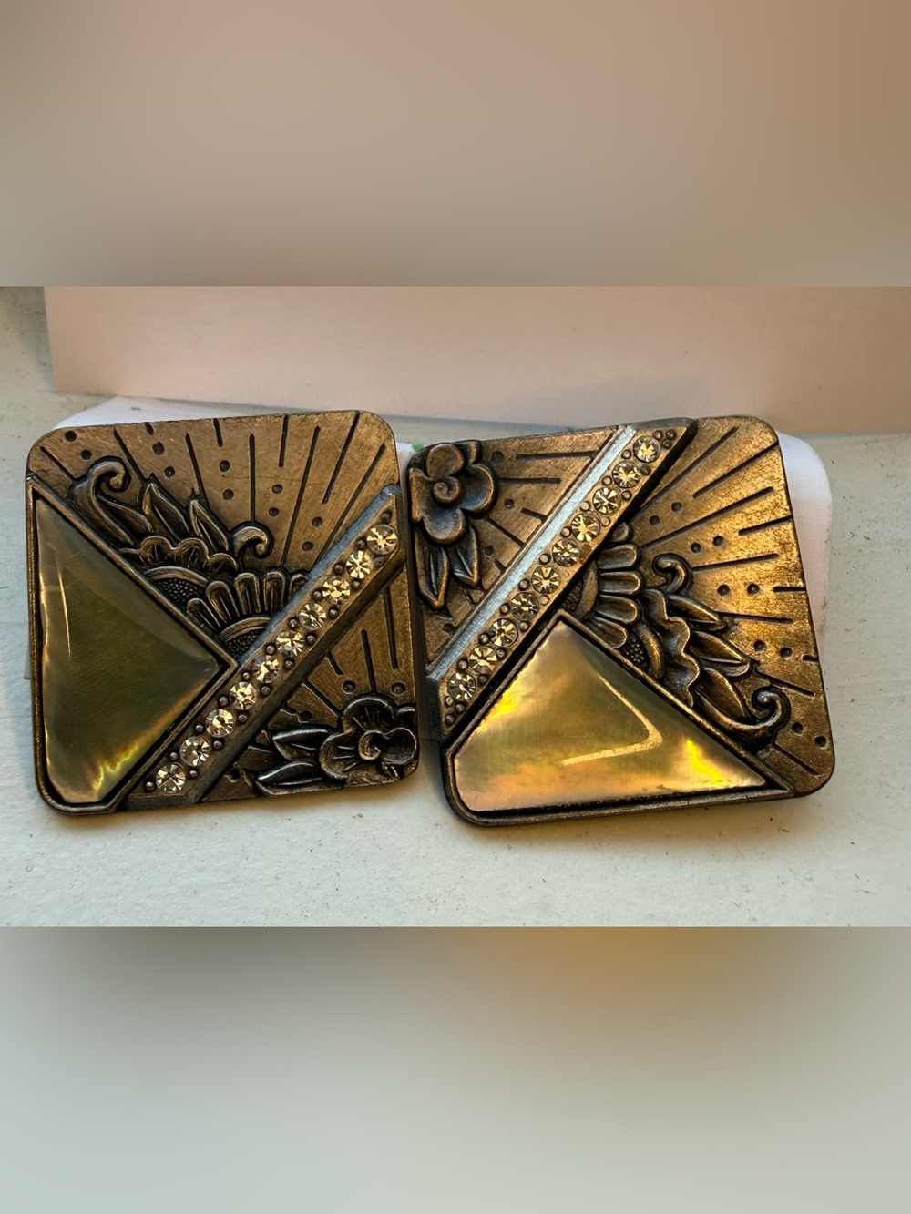 Vintage Signed Nuri Silver Mother of Pearl Fan Statement Earrings Art Deco 80s